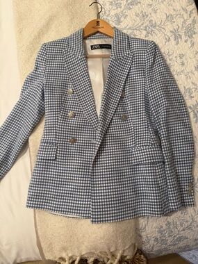 Zara Blue and White Gingham Double-Breasted Blazer